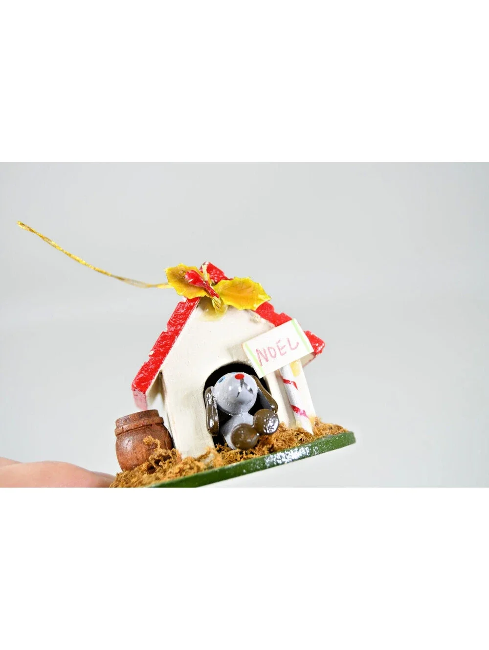 Dog in Dog House Wood Christmas Ornament Noel Vintage Germany Hand Painted Noel